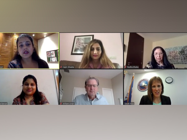 On the screen:  Noopurr R Chablani, Capt. Shweta Singh, Radha Bhatia,  William L. Blair and Dr. Sarah Hiza