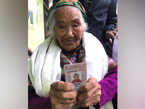 107-year-old Sumitra Rai at a polling booth in South Sikkim on Monday. Photo/PIB