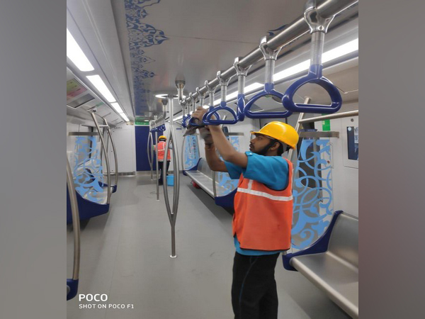 Cleaning and disinfecting work being carried out at Hyderabad Metro Rail. Photo/ANI