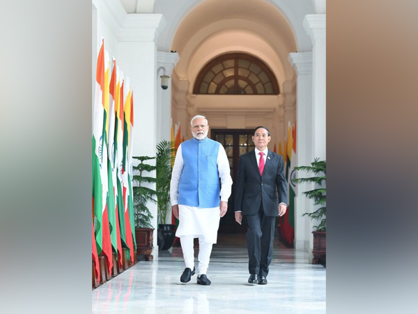 Prime Minister Narendra Modi with Myanmar President U Win Myint at the Hyderabad House in New Delhi on Thursday. Photo/ANI