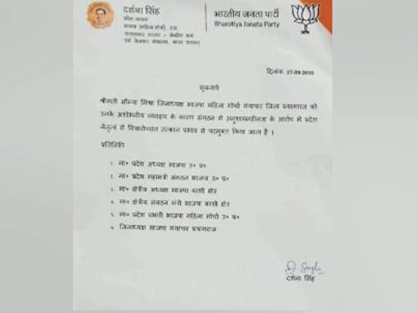 Letter written by state incharge of BJP Mahila Morcha on Friday. Photo/ANI