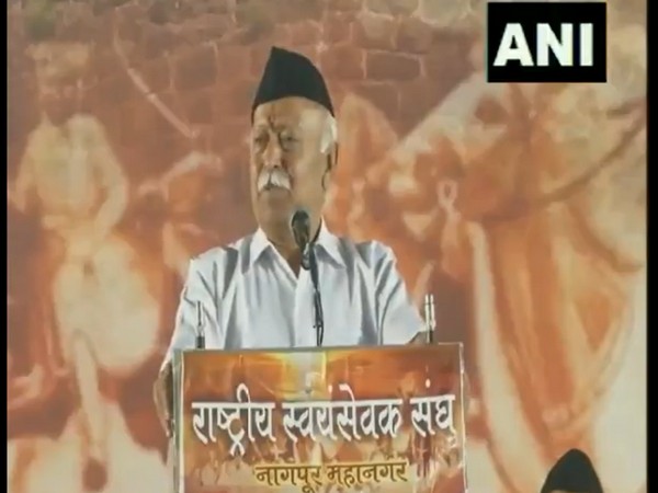 Rashtriya Swayamsevak Sangh (RSS) chief Mohan Bhagwat addressing an event on Thursday. Photo/ANI