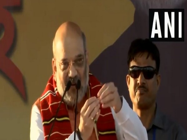 BJP president Amit Shah addressing a rally in Assam's Jorhat on Thursday. Photo/ANI