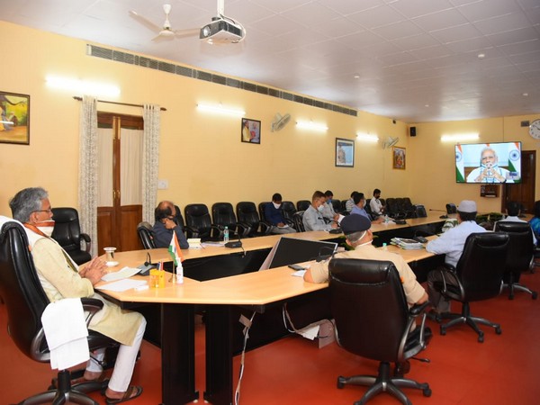 Visual of Uttarakhand CM TS Rawat attending the meeting of Chief Ministers with PM Narendra Modi over the prevailing COVID-19 situation.