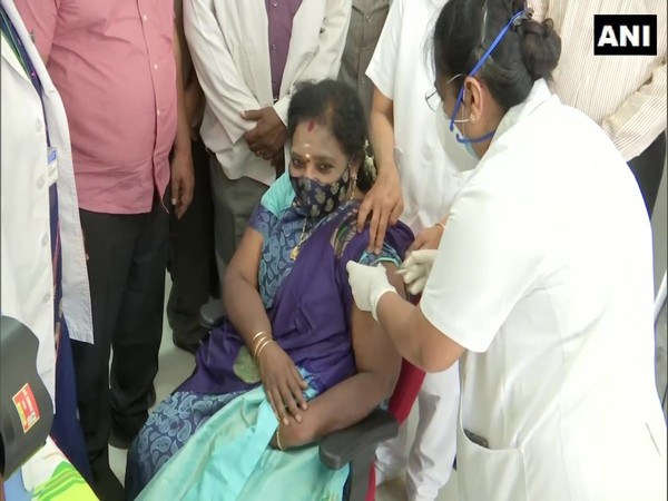 Lieutenant Governor of Puducherry, receiving her first dose of COVID-19 vaccine.