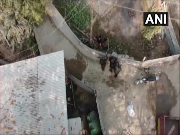 An aerial view of the encounter site in Pulwama on Friday. (Photo/ANI)