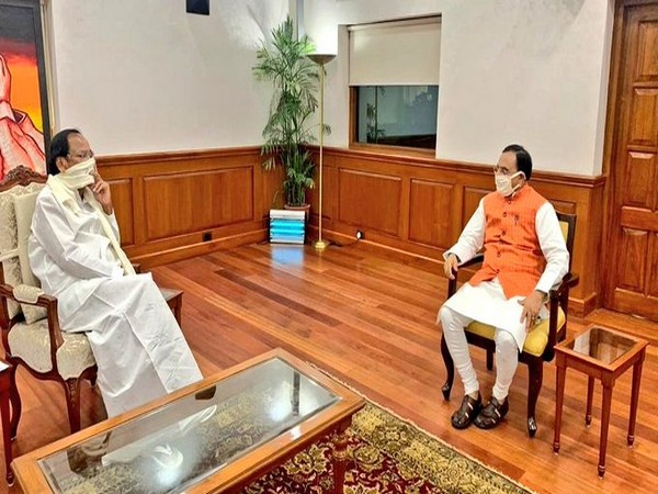 Vice President M Venkaiah Naidu having a discussion with Union HRD Minister Ramesh Pokhriyal 'Nishank' in New Delhi on Tuesday. (Twitter/@VPSecretariat)