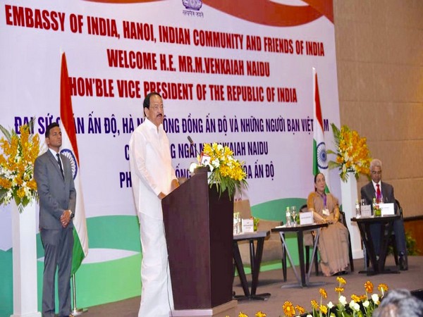 M Venkaiah Naidu addressing the Indian community in Hanoi on Thursday. (Image Credits: Vice President's Office Twitter)