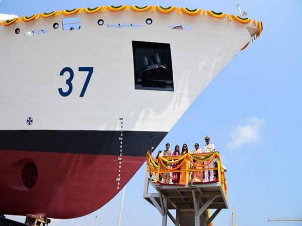 Minister of State for Shipping (Independent Charge) during the launch ceremony of 6th Coast Guard Offshore Patrol Vessel (OPV-6) 'VAJRA' in Chennai on Thursday. Photo/ANI