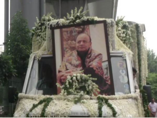 Mortal remains of senior BJP leaders Arun Jaitley brought to BJP headquarters on Sunday. (Photo/ANI)
