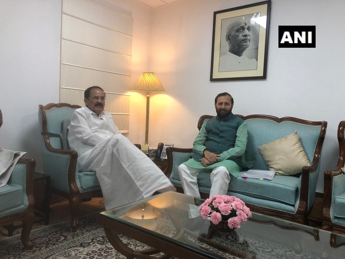 Vice President and Rajya Sabha chairman Venkaiah Naidu meets Union Environment Minister Prakash Javadekar on Wednesday. Photo/ANI