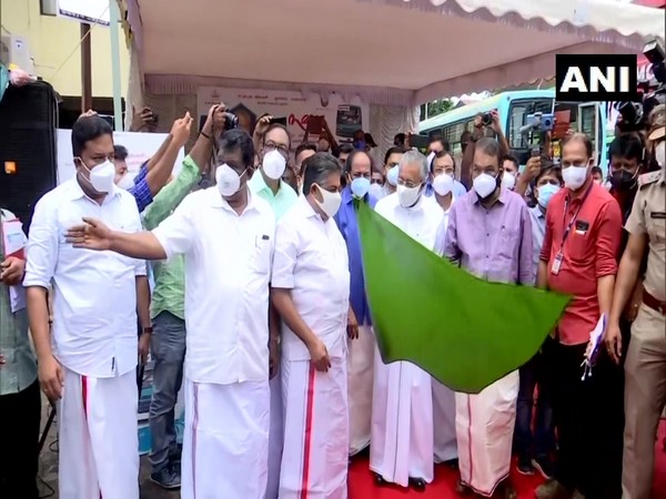 Kerala CM Pinarayi Vijayan flagging off bus service for women fish vendors (Photo/ANI) 
