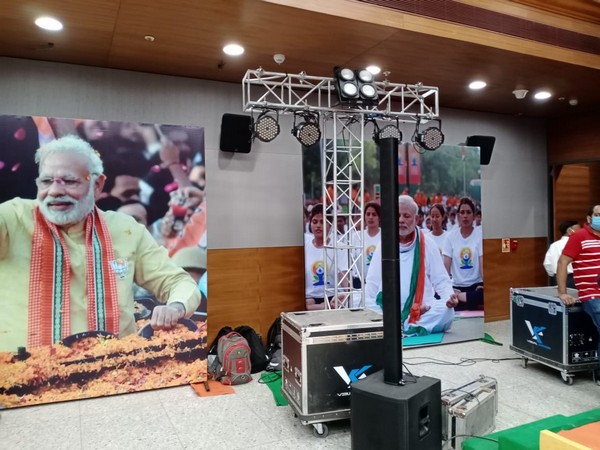 Visual from the stage prepared for Home Minister Amit Shah's virtual rally in New Delhi. Photo/ANI