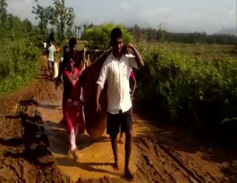 People carrying a pregnant woman to hospital on Sunday in Visakhapatnam, Andhra Pradesh.