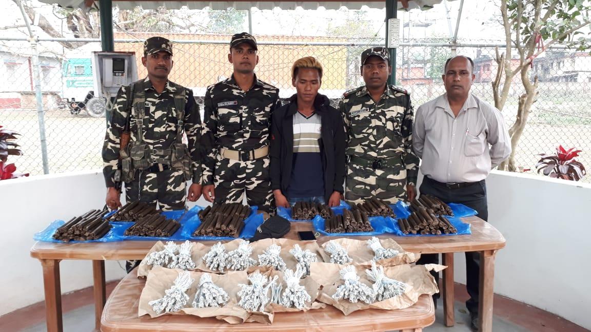 Border Interaction Team members with the accused and recovered explosive materials on Saturday.