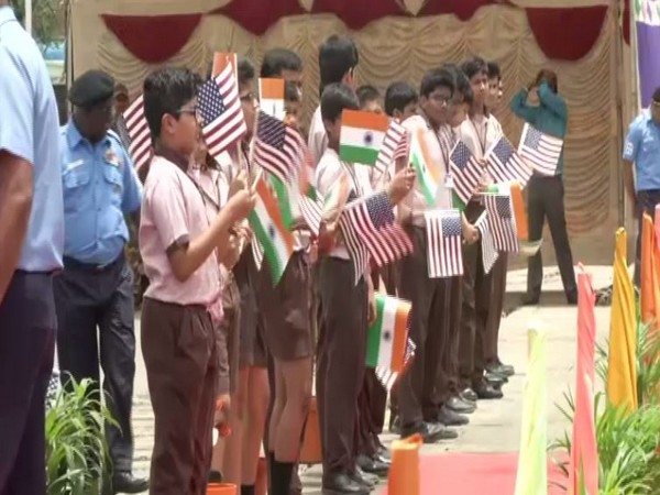 Students queue up to welcome United States Coast Guard ship Stratton at Chennai. Photo/ANI