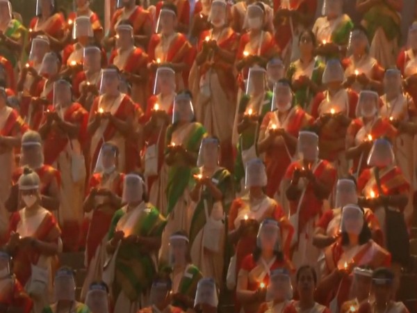 Women recited Shiv Tandav Stotra at Assi Ghat in Varanasi. (Photo/ANI)