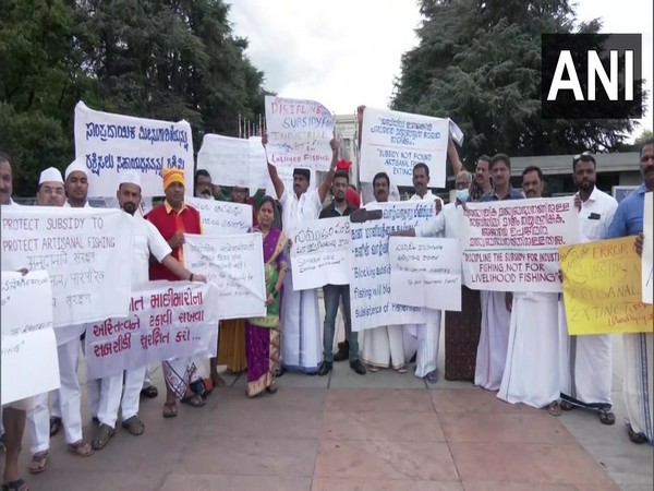 Members of the fishing community from several coastal areas of India protest against the WTO proposal to curb subsidies outside the United Nations Office, Geneva. (ANI)
