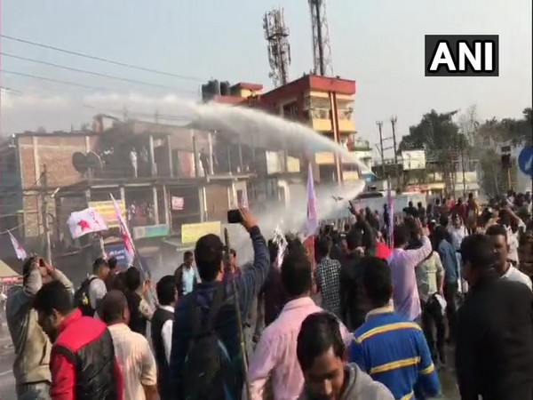 Police use water cannon to disperse the DYFI supporters in Siliguri in West Bengal on Wednesday. Photo/ANI