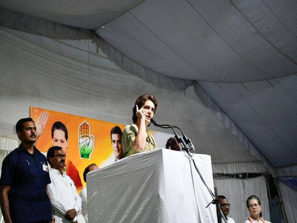 Congress General Secretary Priyanka Gandhi addressing a rally in Raebareli on Wednesday. (Photo/ANI)