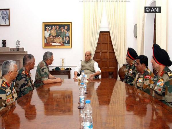 Defence Minister Rajnath Singh holding discussions with Army chief Gen Bipin Rawat and all Army commanders in South Block last week.Photo/(ANI)