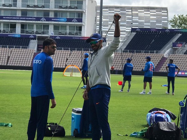 India all-rounder Vijay Shankar warming up during practise session here on Thursday. (Photo/ ANI)