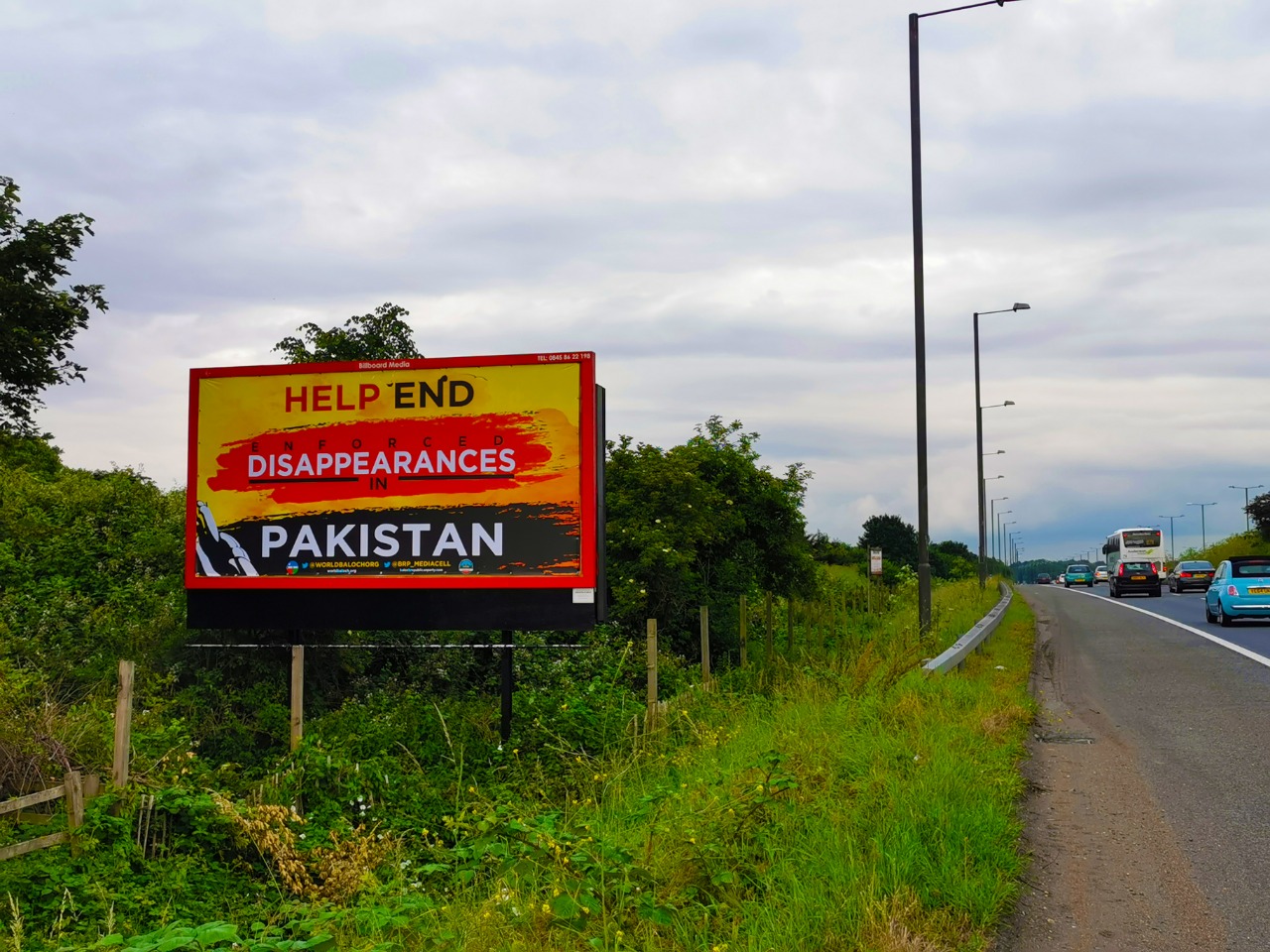 Roadside billboards have been put up around the city of London with slogans “Help end enforced disappearances in Pakistan.” (Photo: ANI)