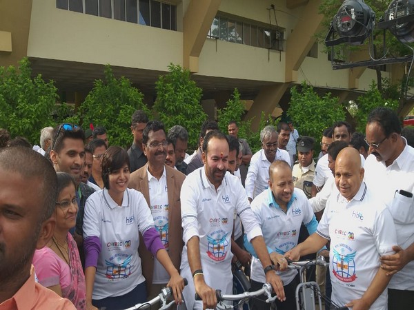 Minister of State (MoS) Of Home Affairs, G Kishan Reddy participating in a bicycle event in Hyderabad on Saturday 