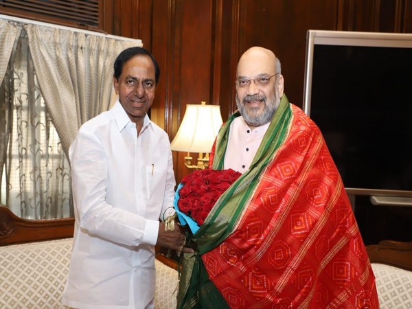 Telangana Chief Minister K Chandrashekhar Rao with Amit Shah on Friday in New Delhi. Photo/ANI