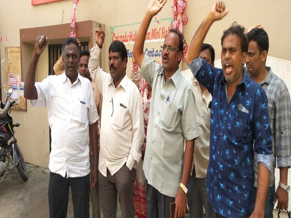 TSRTC Employees Union office-bearers protesting against the government's decision to sack about 50,000 employees, in Hyderabad on Monday. Photo/ANI