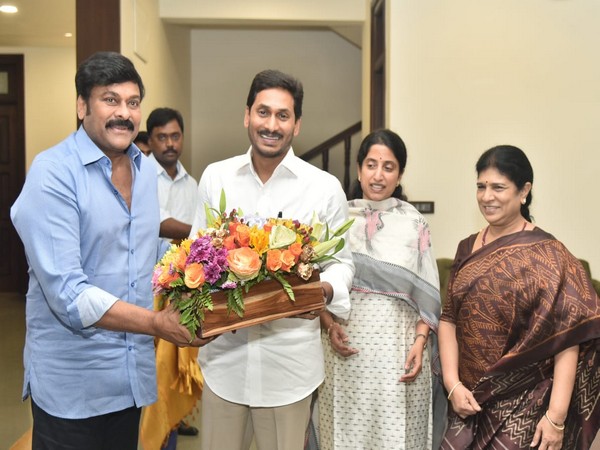 K Cheeranjeevi with Andhra Pradesh Chief Minister YS Jaganmohan Reddy on Monday at his residence in Amravati. Photo/ANI
