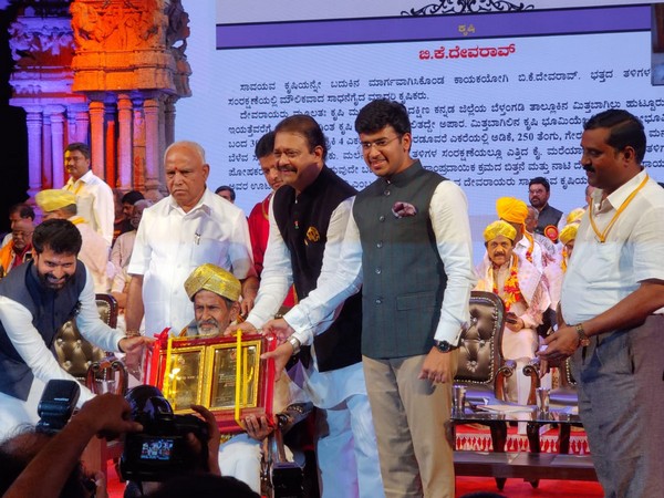 Chief Minister BS Yeddyurappa honoured BK Deva Rao with Karnataka Rajyotsava Award at a function in Bengaluru on Friday.