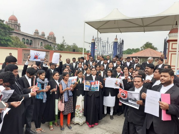 Advocates Joint Action Committee (JAC) on Monday staged a protest in the Telangana High Court. Photo/ANI