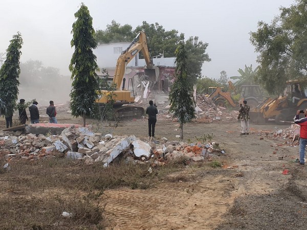 A house belonging to land mafia was demolished in MP's Raisen on Saturday. Photo/ANI