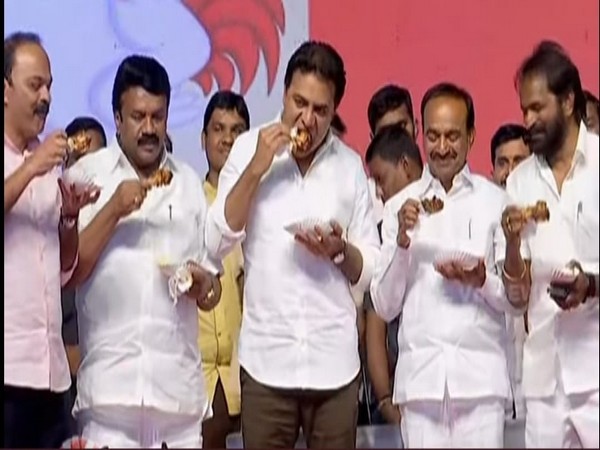 Telangana Ministers KT Rama Rao, Etela Rajender, Talasani Srinivas Yadav along with other Ministers in Hyderabad on Friday. Photo/ANI