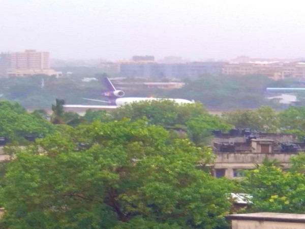 A visual of FedEx flight 5033 experienced a runway excursion at Chhatrapati Shivaji Maharaj International Airport on Wednesday. (Photo/ANI)