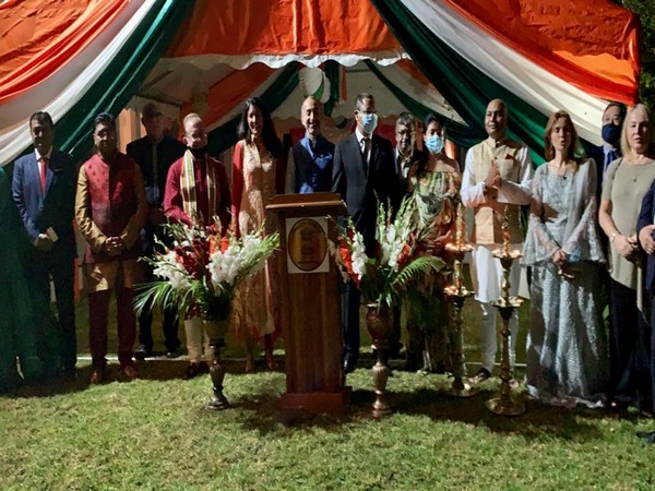 Indian Ambassador Abhay Kumar with Madagascar's Minister of Culture, Indian community and Ambassadors during Diwali celebrations.