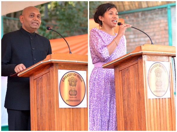 India's Ambassador to Madagascar Abhay Kumar (L) and Lalatiana Rakotondrazafy Andriatongarivo, Minister of Communication and Culture of Madagascar (R)