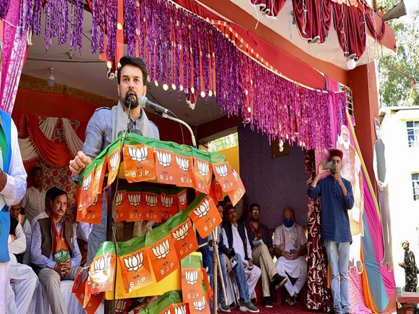 Union Minister Anurag Thakur addressing a public rally in Fatehpur, Himachal Pradesh on Saturday. (Photo:ANI)