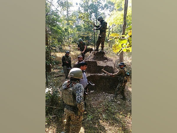 ITBP, police demolishing Naxal memorial (Photo courtesy: ITBP)