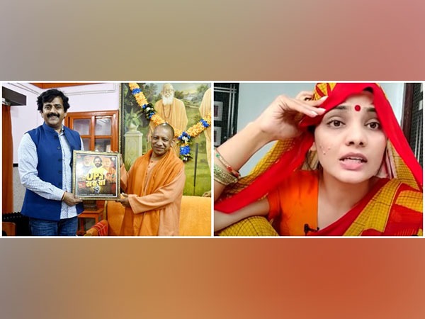 On Left: Gorakhpur MP Ravi Kishan presenting poster of his song to Yogi Adityanath (Image courtesy: Twitter/ @ravikishann), On Right: Bhojpuri singer Neha Rathore.