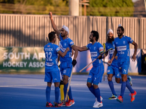 Indian hockey team celebrating after scoring a goal against SA (Image: Hockey India)