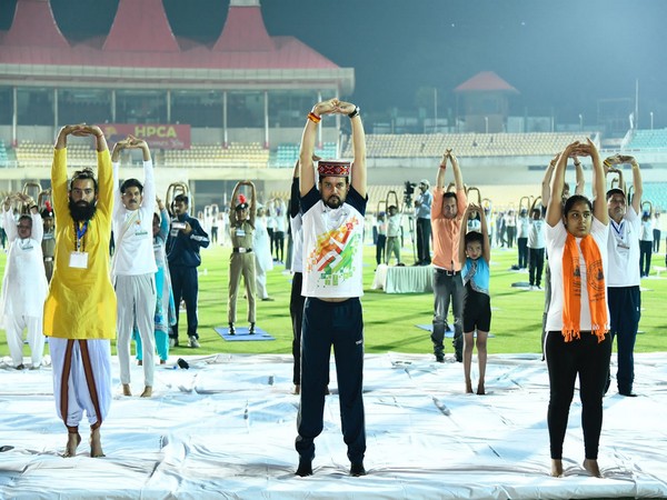 Sports Minister Anurag Thakur doing Yoga at HPCA stadium in Dharamshala (Image: SAI media)