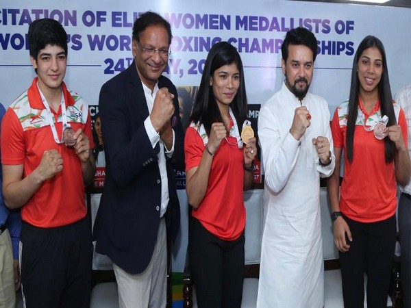 Women's World Championships medallist boxers felicitated by Sports Minister Anurag Thakur on Tuesday.