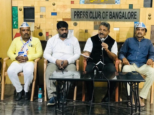 AAP state spokesperson K Mathai addressing a press conference in Bengaluru on Thursday. 