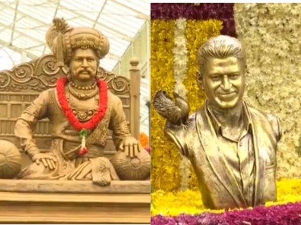 Statue of filmstars Rajkumar and his son Puneet Rajkumar at lalbagh Botanical garden in Bengaluru (Photo/ANI)