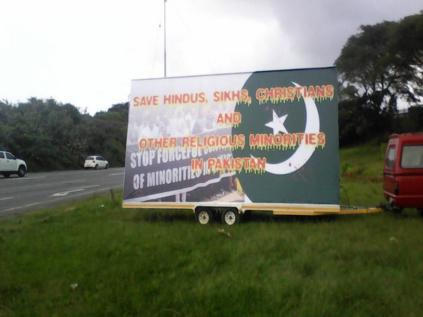 A mobile banner in Durban protesting against human rights abuses in Pakistan.