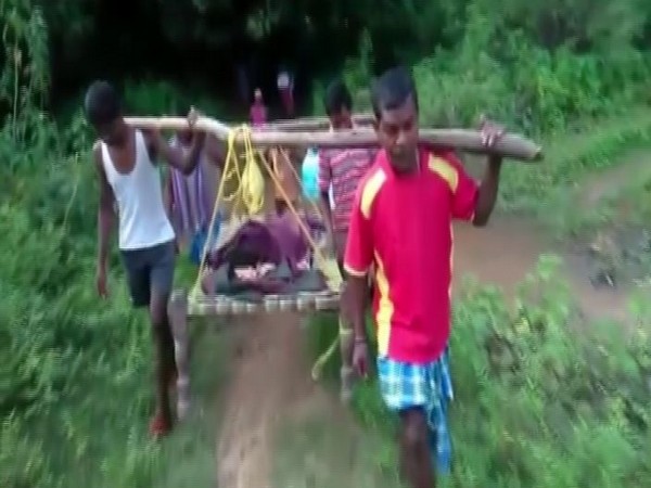Villagers carrying a pregnant woman on cot in Jashpur. Photo/ANI