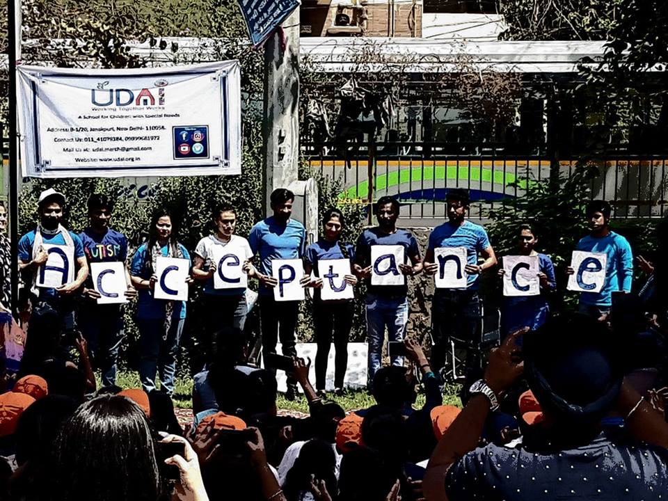 Participants during Autism Awareness Walk in New Delhi's Janakpuri area on Tuesday.
