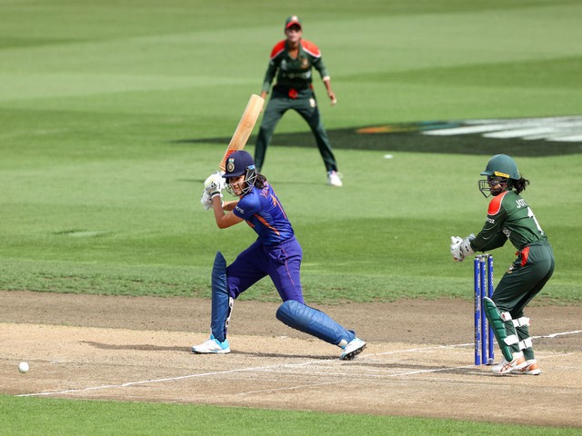 Yastika Bhatia in action against Bangladesh in Hamilton (Image: ICC CWC Twitter)